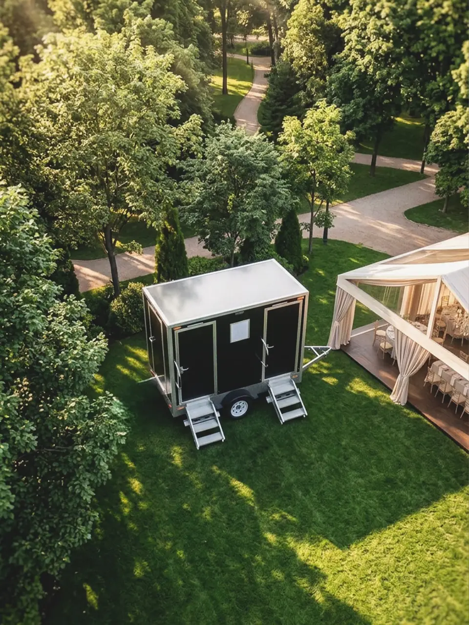 Two-stall restroom trailer set on a garden lawn beside a wedding tent